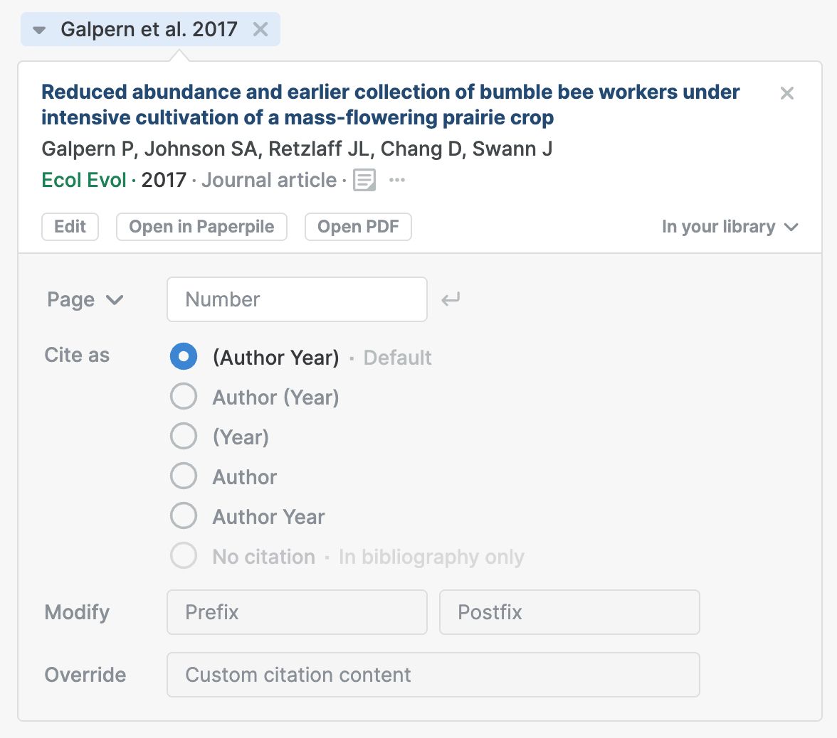 The beta citation options panel for one reference, with Edit, “Open in Paperpile” and “Open PDF” buttons, a Page field, “Cite as” radio choices from (Author Year) to “No citation”, and Prefix, Postfix and Override fields.